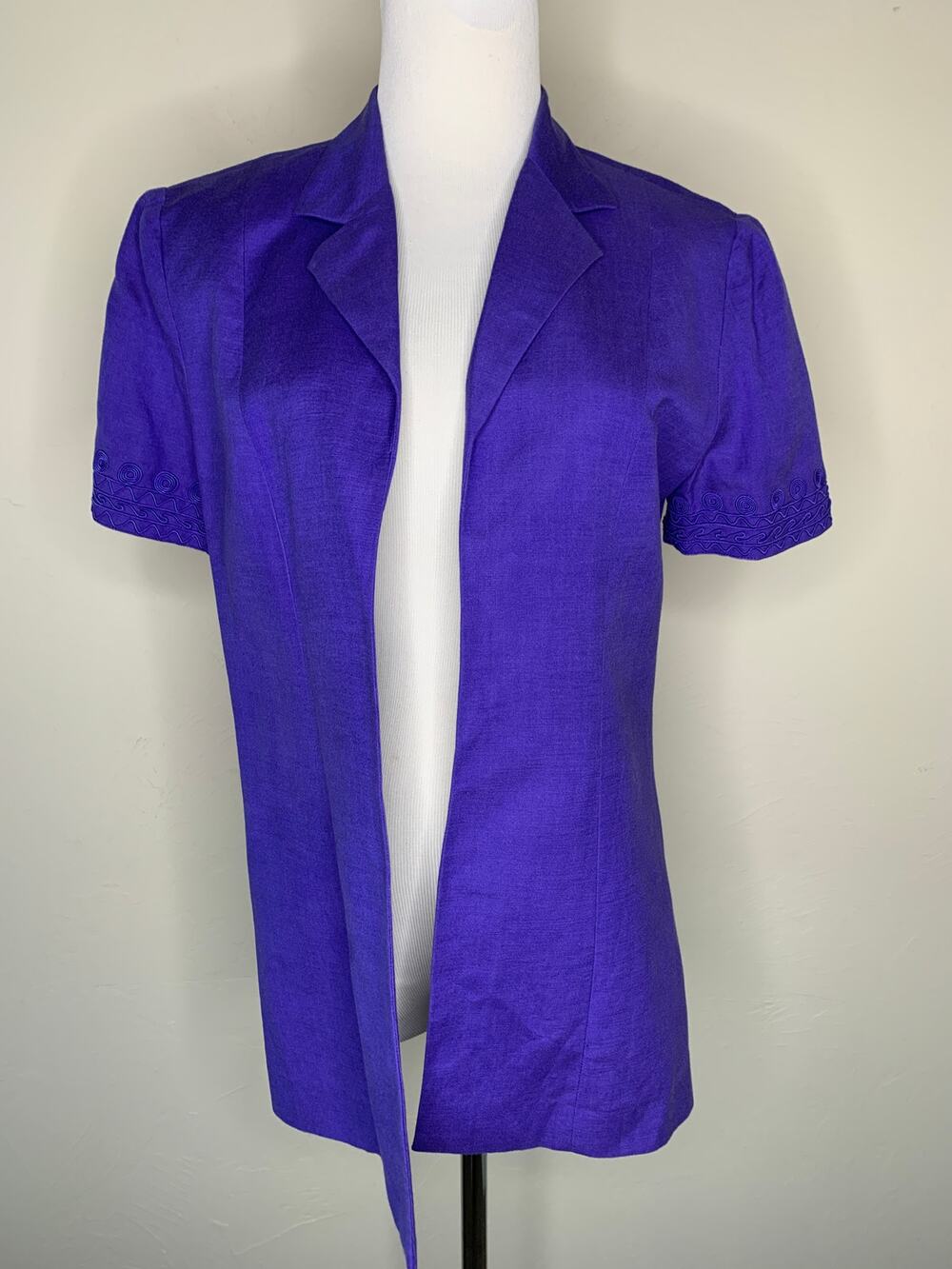 Purple Linen Blend Open Front Jacket Sz 6 Short Sleeves